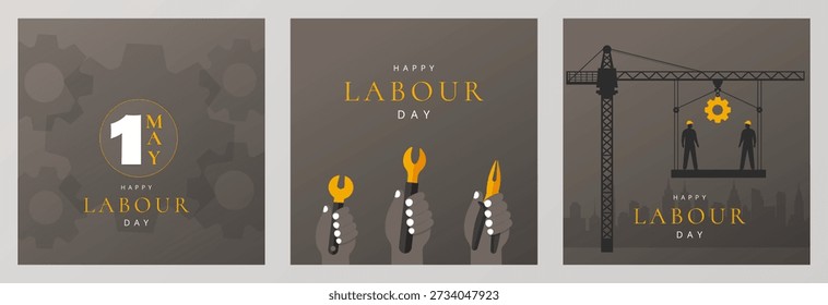 Pósteres del Día del Trabajo con herramientas de trabajo y Ilustración vectorial de grúa de construcción.
