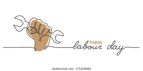 Happy Labour Day simple vector web banner. Hand, first and wrench. Lettering Labour Day. Minimalist background, banner, poster.