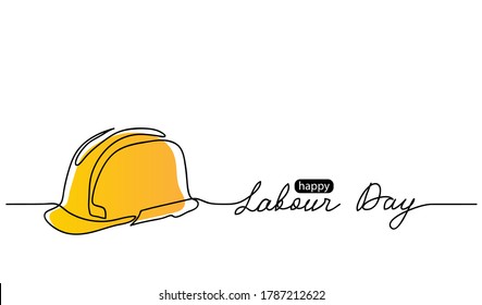 Happy Labour Day simple vector web background. Yellow hard hat. Lettering Labour Day. Minimalist background, banner, poster.