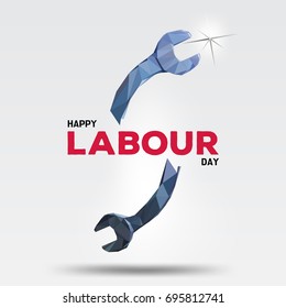 Happy Labour Day template (background/backdrop) card. Silver low polygonal, geometric shape wrench with star and typography