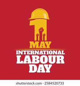 Happy Labour Day template, banner, card, poster, sticker. 1st May, International Labour Day celebration event. Labor Day typography with safety helmet and fist hand on red background