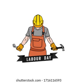 Happy labour day themes with worker wearing helmet hold the hammer and wrench minimalis design concept isolated white background