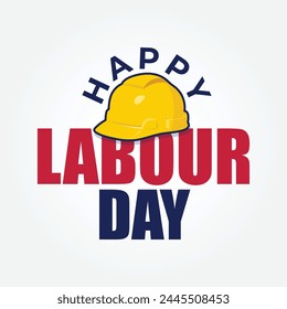 Happy Labour Day typography design with a isolated  yellow Construction helmet vector illustration. Safety hard hat for labor day. 1st May worker day template, banner, poster, greeting card.