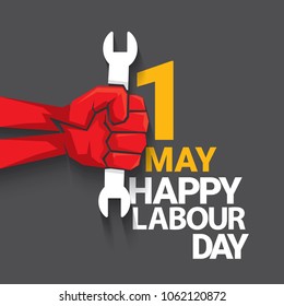 Happy labour day vector label with strong red fist on dark background. vector happy labor day background or banner with man hand. workers may day poster