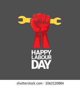 Happy labour day vector label with strong red fist on dark background. vector happy labor day background or banner with man hand. workers may day poster