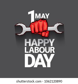 Happy labour day vector label with strong red fist on dark background. vector happy labor day background or banner with man hand. workers may day poster