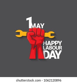Happy labour day vector label with strong red fist on dark background. vector happy labor day background or banner with man hand. workers may day poster