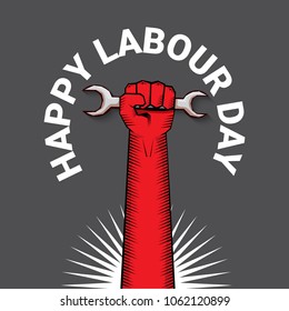 Happy labour day vector label with strong red fist on dark background. vector happy labor day background or banner with man hand. workers may day poster