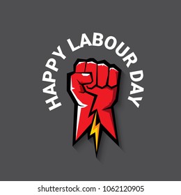 Happy labour day vector label with strong red fist on dark background. vector happy labor day background or banner with man hand. workers may day poster