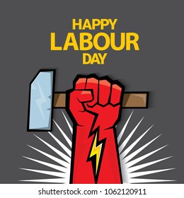 Happy labour day vector label with strong red fist on dark background. vector happy labor day background or banner with man hand. workers may day poster