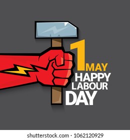 Happy labour day vector label with strong red fist on dark background. vector happy labor day background or banner with man hand. workers may day poster