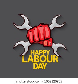 Happy labour day vector label with strong red fist on dark background. vector happy labor day background or banner with man hand. workers may day poster