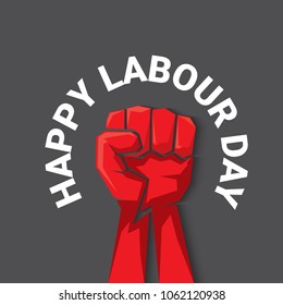 Happy labour day vector label with strong red fist on dark background. vector happy labor day background or banner with man hand. workers may day poster