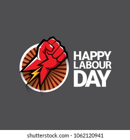 Happy labour day vector label with strong red fist on dark background. vector happy labor day background or banner with man hand. workers may day poster