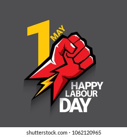 Happy labour day vector label with strong red fist on dark background. vector happy labor day background or banner with man hand. workers may day poster