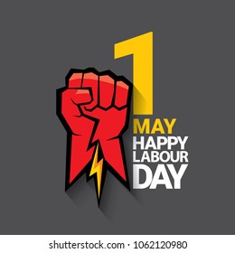 Happy labour day vector label with strong red fist on dark background. vector happy labor day background or banner with man hand. workers may day poster