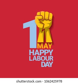 Happy labour day vector label with strong orange fist on red background. vector happy labor day background or banner with man hand. red workers may day poster