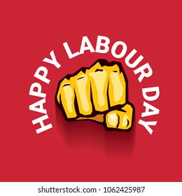 Happy labour day vector label with strong orange fist on red background. vector happy labor day background or banner with man hand. red workers may day poster