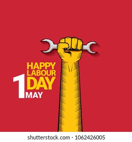 Happy labour day vector label with strong orange fist on red background. vector happy labor day background or banner with man hand. red workers may day poster