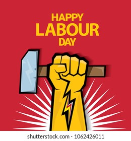 Happy labour day vector label with strong orange fist on red background. vector happy labor day background or banner with man hand. red workers may day poster