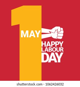 Happy labour day vector label with strong orange fist on red background. vector happy labor day background or banner with man hand. red workers may day poster