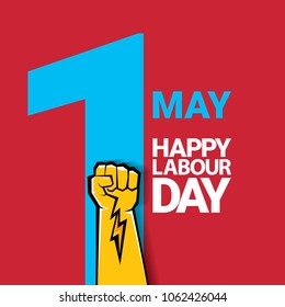 Happy labour day vector label with strong orange fist on red background. vector happy labor day background or banner with man hand. red workers may day poster