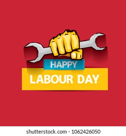 Happy labour day vector label with strong orange fist on red background. vector happy labor day background or banner with man hand. red workers may day poster