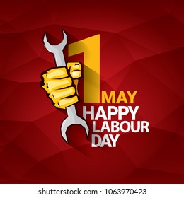 Happy labour day vector label with strong orange fist on red background. labor day background or banner with man hand. workers may day poster