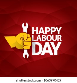 Happy labour day vector label with strong orange fist on red background. labor day background or banner with man hand. workers may day poster