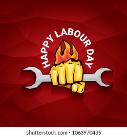 Happy labour day vector label with strong orange fist on red background. labor day background or banner with man hand. workers may day poster