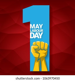 Happy labour day vector label with strong orange fist on red background. labor day background or banner with man hand. workers may day poster