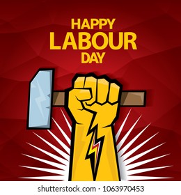 Happy labour day vector label with strong orange fist on red background. labor day background or banner with man hand. workers may day poster