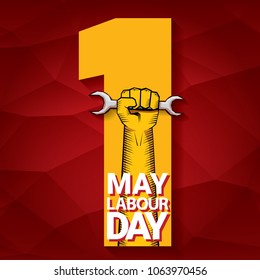 Happy labour day vector label with strong orange fist on red background. labor day background or banner with man hand. workers may day poster