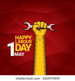 Happy labour day vector label with strong orange fist on red background. labor day background or banner with man hand. workers may day poster