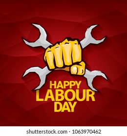 Happy labour day vector label with strong orange fist on red background. labor day background or banner with man hand. workers may day poster
