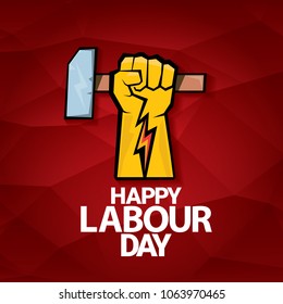 Happy labour day vector label with strong orange fist on red background. labor day background or banner with man hand. workers may day poster