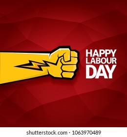 Happy labour day vector label with strong orange fist on red background. labor day background or banner with man hand. workers may day poster