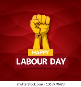 Happy labour day vector label with strong orange fist on red background. labor day background or banner with man hand. workers may day poster