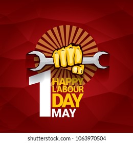 Happy labour day vector label with strong orange fist on red background. labor day background or banner with man hand. workers may day poster