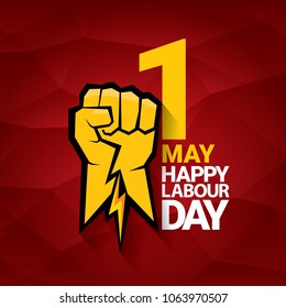 Happy labour day vector label with strong orange fist on red background. labor day background or banner with man hand. workers may day poster