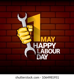 Happy labour day vector label with strong orange fist on red brick wall background. vector happy labor day background or banner with man hand. workers may day poster