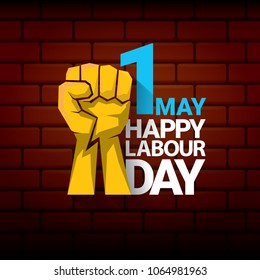 Happy labour day vector label with strong orange fist on red brick wall background. vector happy labor day background or banner with man hand. workers may day poster