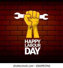 Happy labour day vector label with strong orange fist on red brick wall background. vector happy labor day background or banner with man hand. workers may day poster