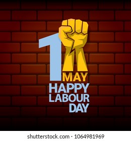 Happy labour day vector label with strong orange fist on red brick wall background. vector happy labor day background or banner with man hand. workers may day poster