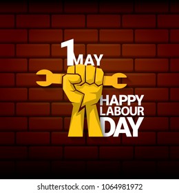 Happy labour day vector label with strong orange fist on red brick wall background. vector happy labor day background or banner with man hand. workers may day poster