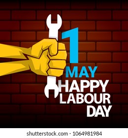 Happy labour day vector label with strong orange fist on red brick wall background. vector happy labor day background or banner with man hand. workers may day poster