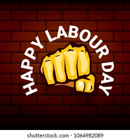 Happy labour day vector label with strong orange fist on red brick wall background. vector happy labor day background or banner with man hand. workers may day poster