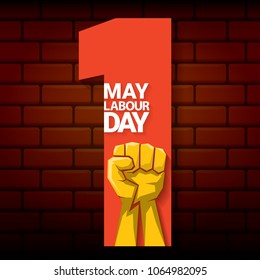 Happy labour day vector label with strong orange fist on red brick wall background. vector happy labor day background or banner with man hand. workers may day poster