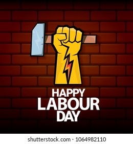 Happy labour day vector label with strong orange fist on red brick wall background. vector happy labor day background or banner with man hand. workers may day poster