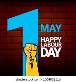 Happy labour day vector label with strong orange fist on red brick wall background. vector happy labor day background or banner with man hand. workers may day poster